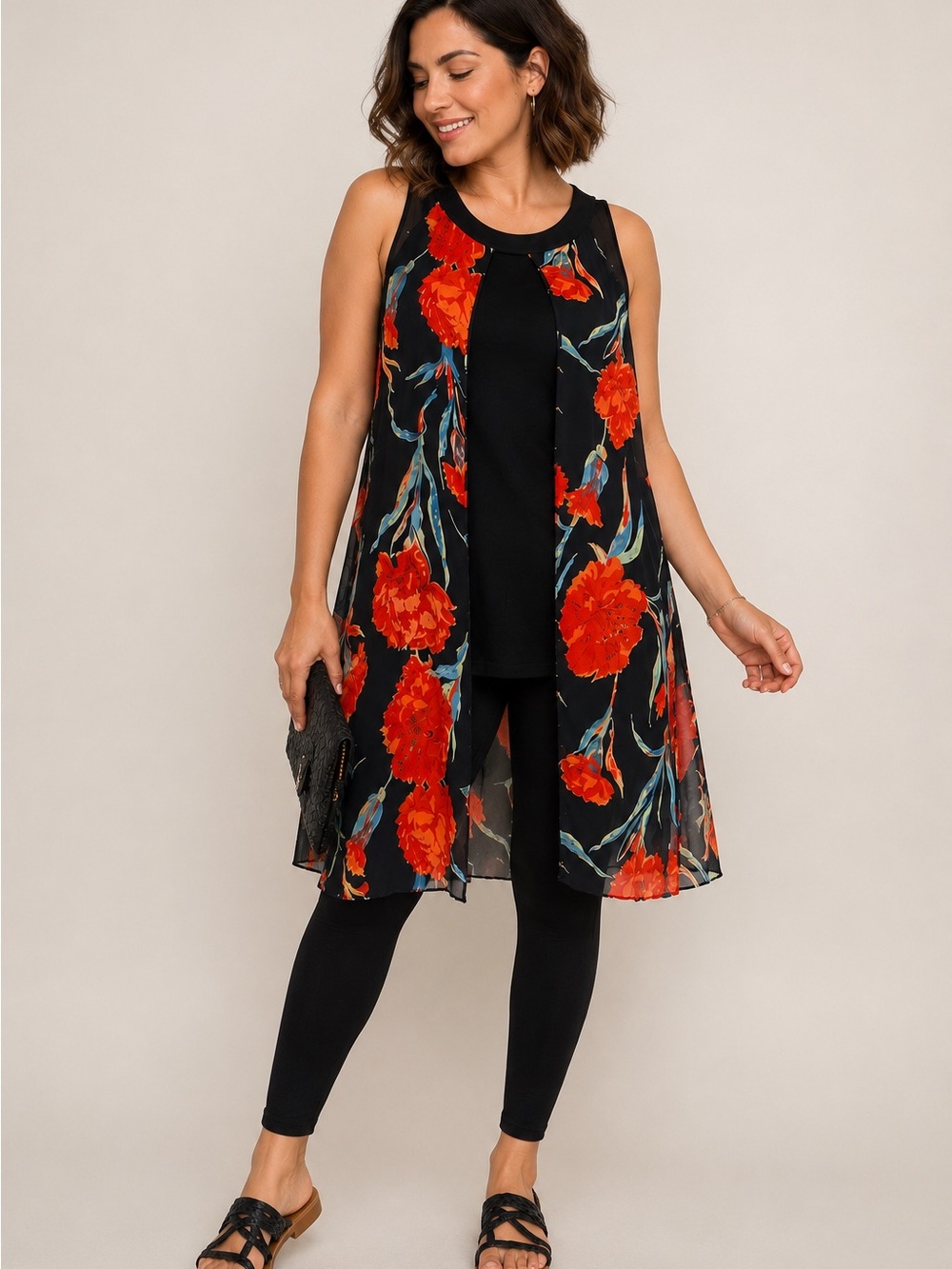 Sleeveless Black Tunic Dress with Red Floral Overlay